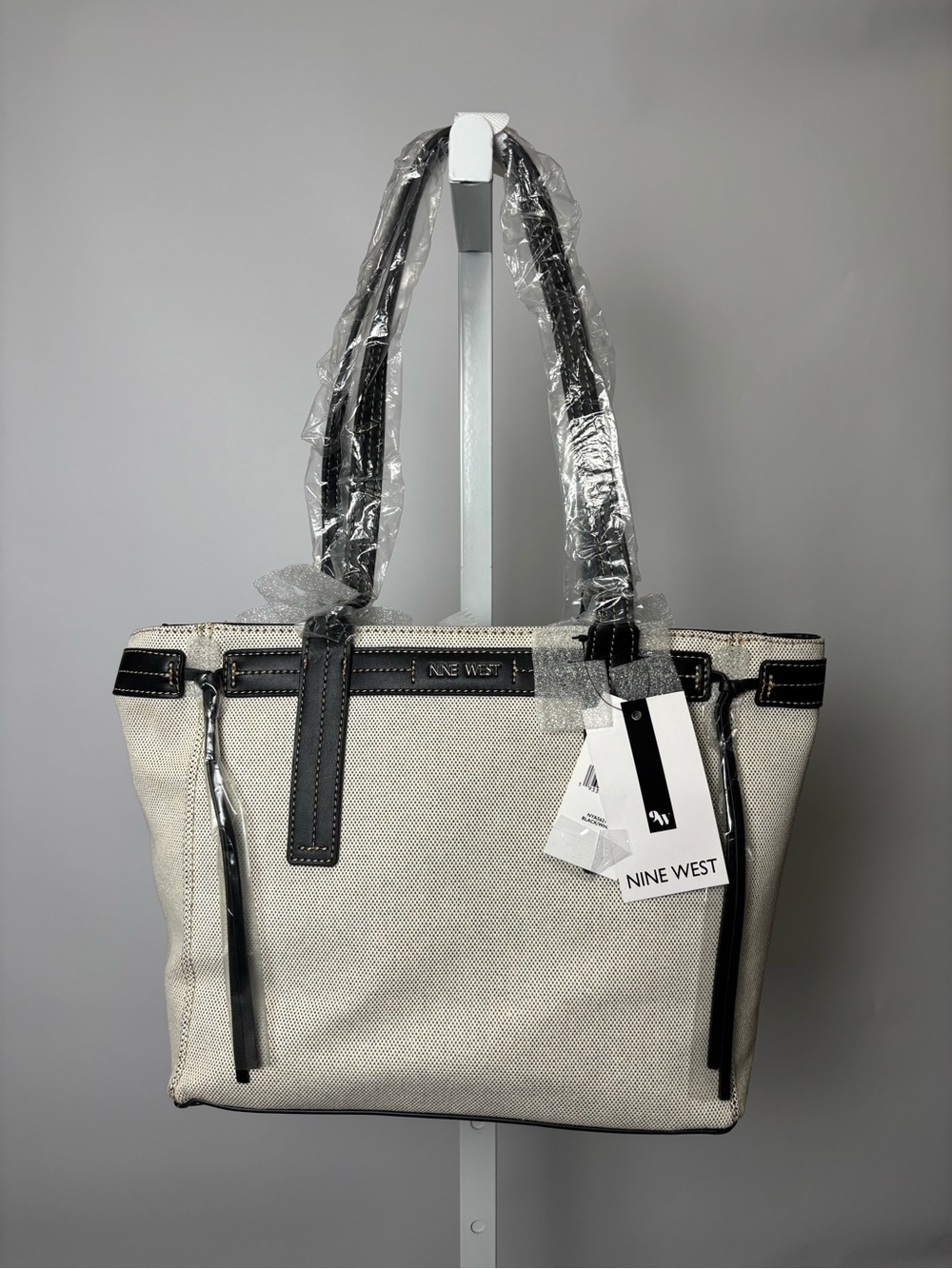 Nine West Cream Canvas Tote with Black Trim and Straps